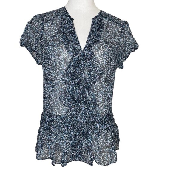 Express Women's Blue Sheer Ruffled Peplum V-Neck Blouse Top Side Zip Large - Picture 1 of 6